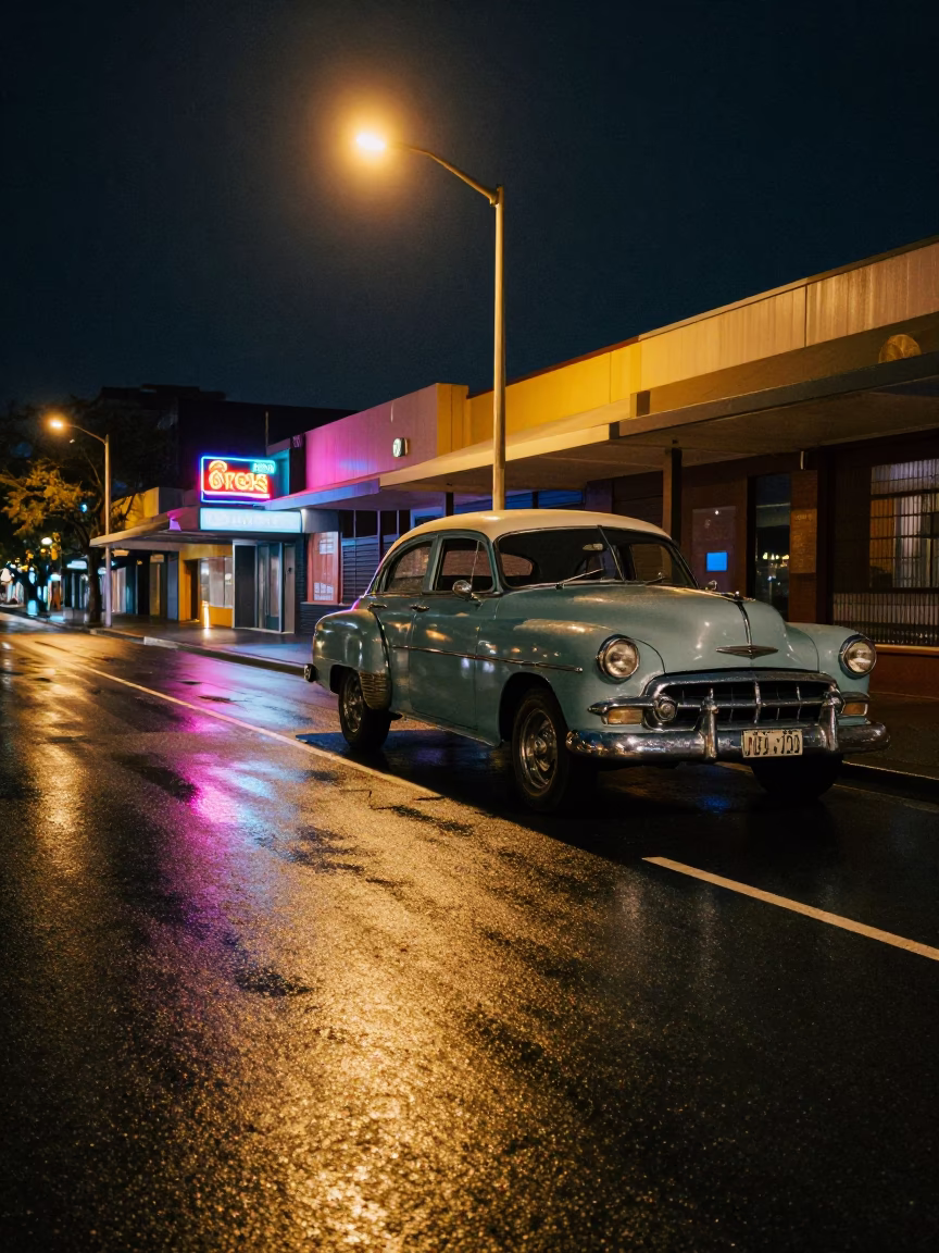 Late Night Sydney Street Scene with Vintage Car and Urban Architecture in in Sydney, New South Wales, Australia