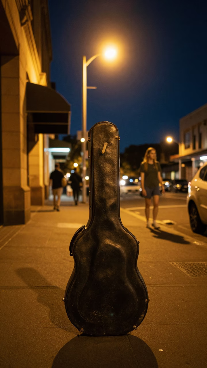 Late Night Sydney Street Scene with Vintage Guitar Case and Clay Pot on Pavement in in Sydney, New South Wales, Australia