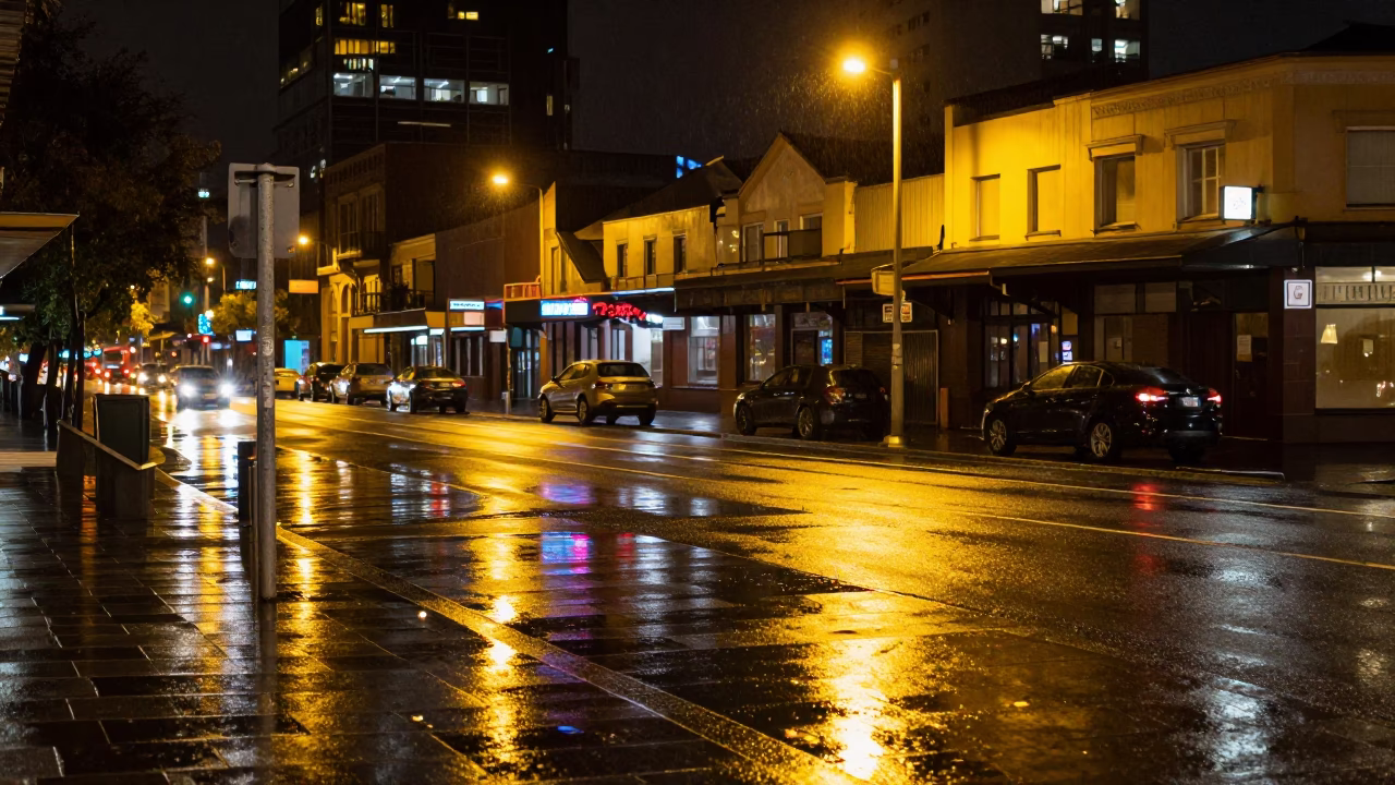 Late Night Sydney Street Scene with Wet Pavement Reflections and Distant City Lights in in Sydney, New South Wales, Australia