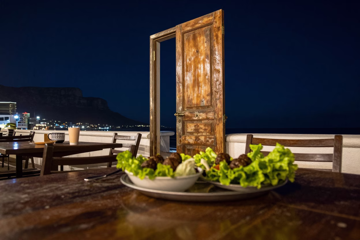 Late Night Table at Cape Town Sea Point Promenade Under Deep Night Sky in in Cape Town, South Africa