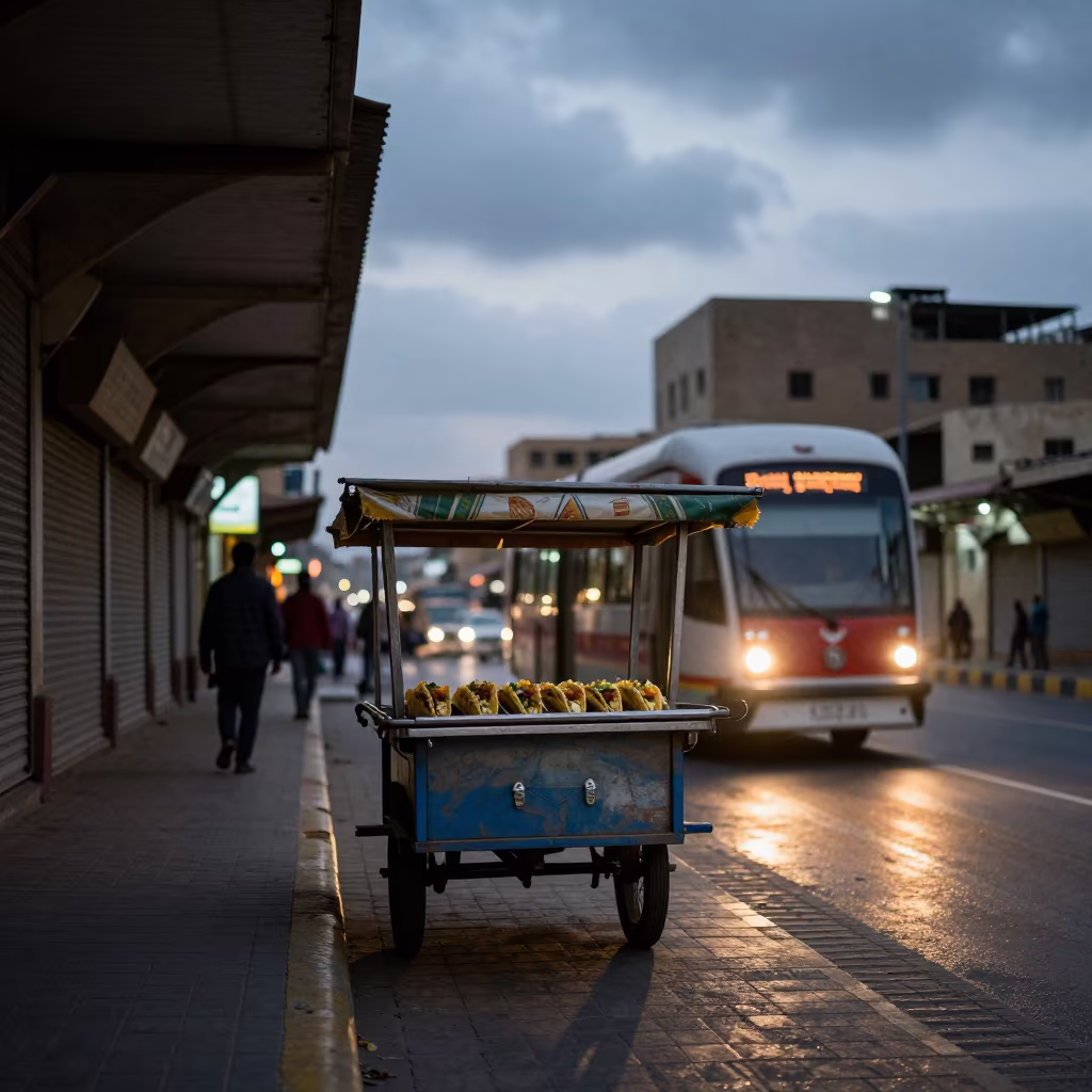 Late Night Taco Cart Sanaa Tram Stop Dawn in at a tram stop in Sanaa