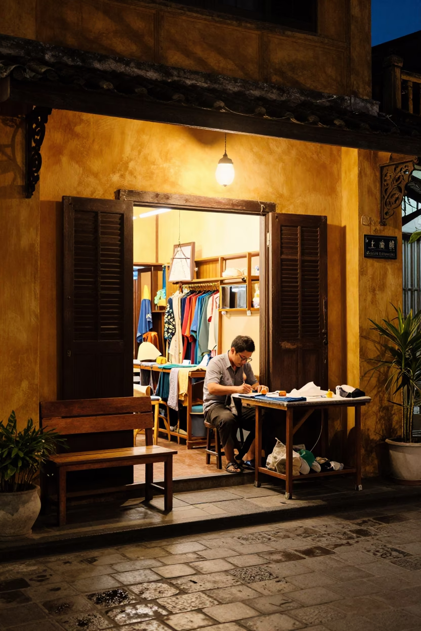 Late Night Tailor Shop in Hoi An Vietnam with Window Light on Bench Slat in in Hoi An, Vietnam