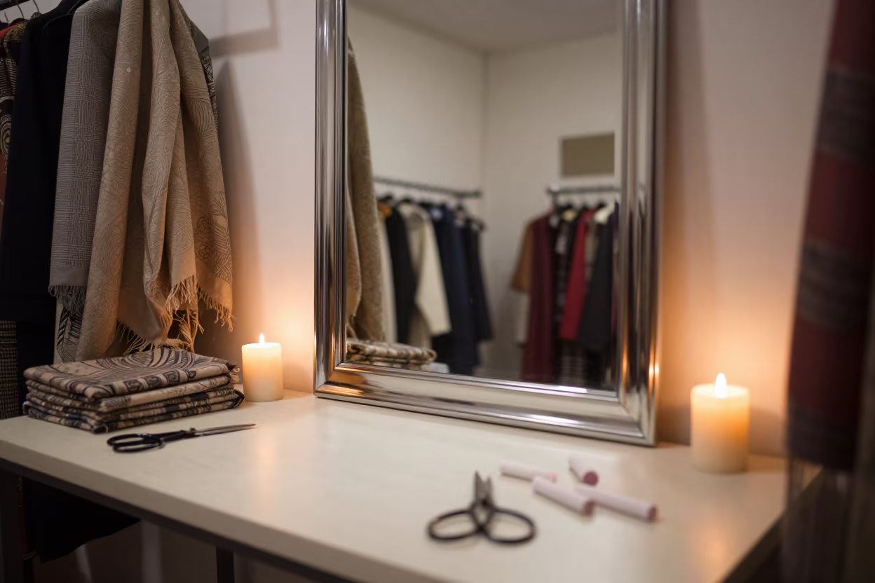 Late Night Tailoring Mirror with Scarves in at a tailoring table strewn with chalk and shears in Bareilly