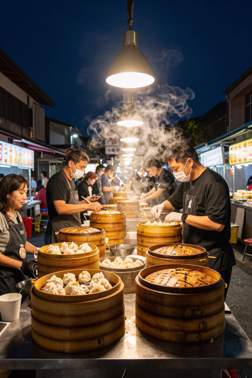 Late Night Tainan Street Food Stall Dim Sum Steamers and Local Dining in in Tainan, Taiwan