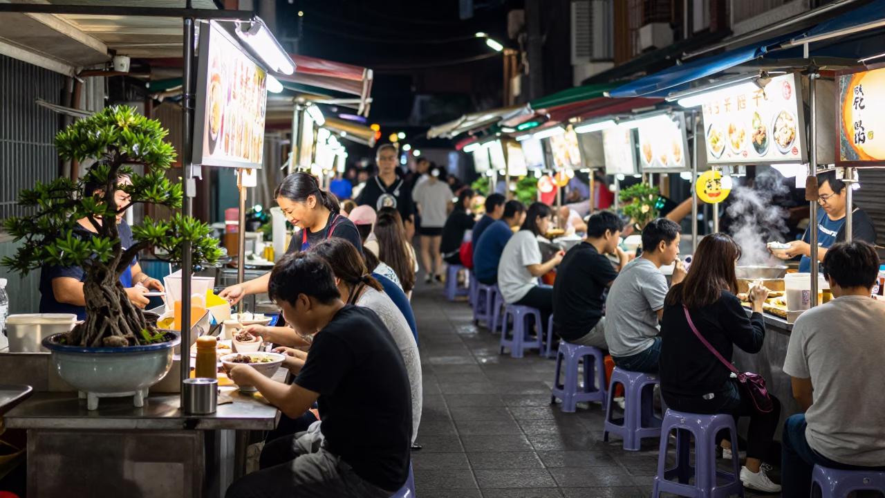 Late Night Tainan Street Food Stall with Bonsai and Match Striker in in Tainan, Taiwan