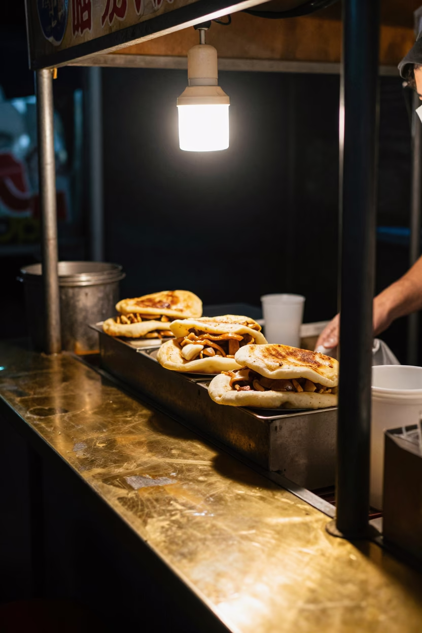 Late Night Tainan Street Food Stall with Pupusas and Brass Countertop in in Tainan, Taiwan