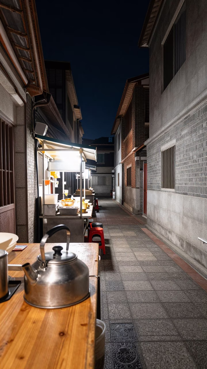 Late Night Tainan Street Scene with Brushed Steel Kettle and Fingerprint Marks on Doorframe in in Tainan, Taiwan