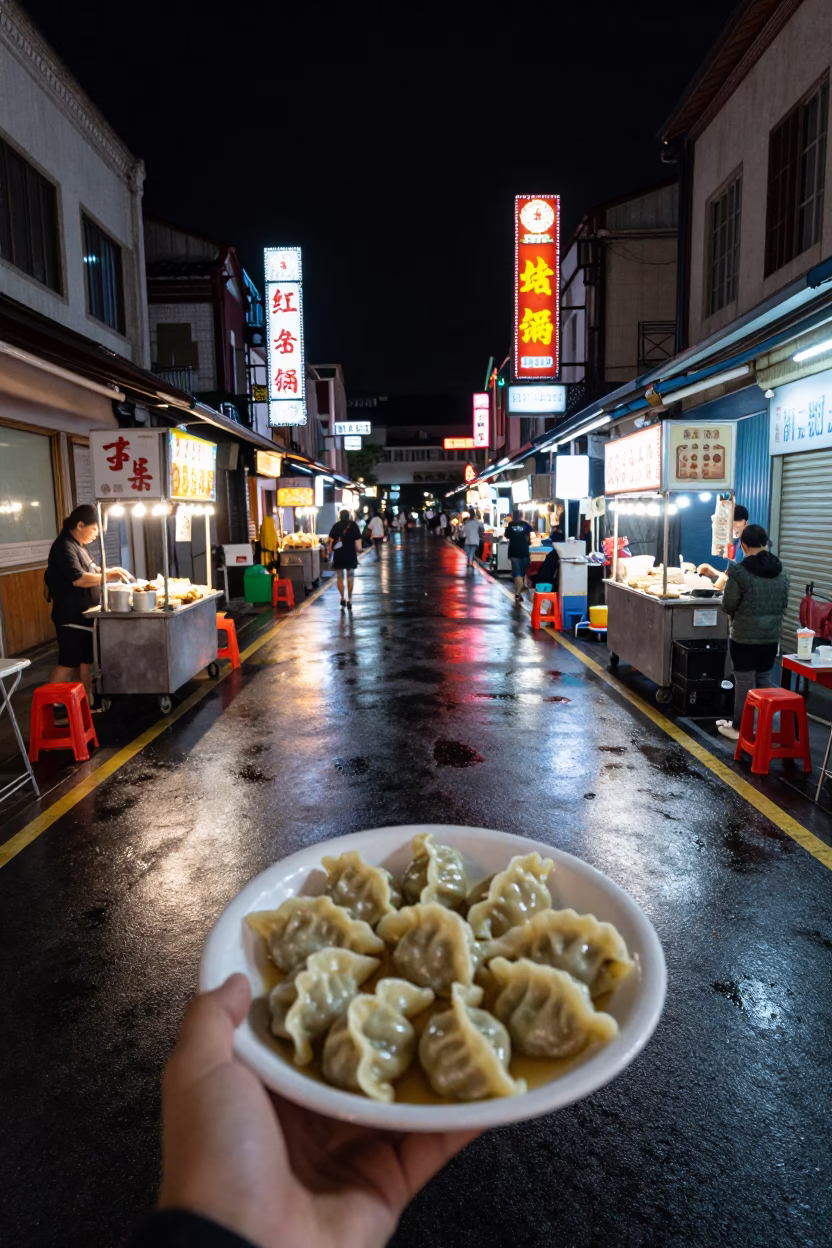 Late Night Tainan Street Scene with Food and Urban Details in in Tainan, Taiwan