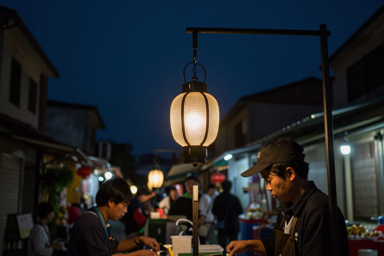 Late Night Tainan Street Scene with Hammered Metal Lantern and Car Headlight Trails in in Tainan, Taiwan