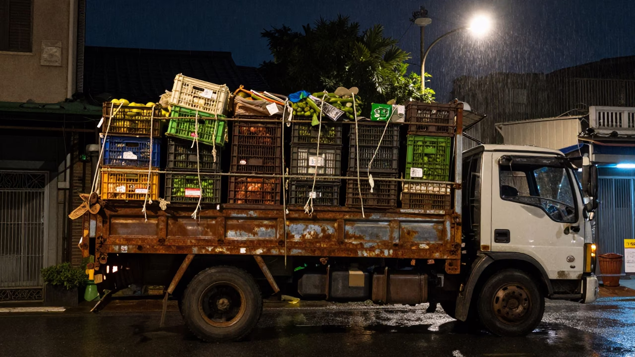 Late Night Tainan Street Scene with Overloaded Truck and Century Egg Congee in in Tainan, Taiwan