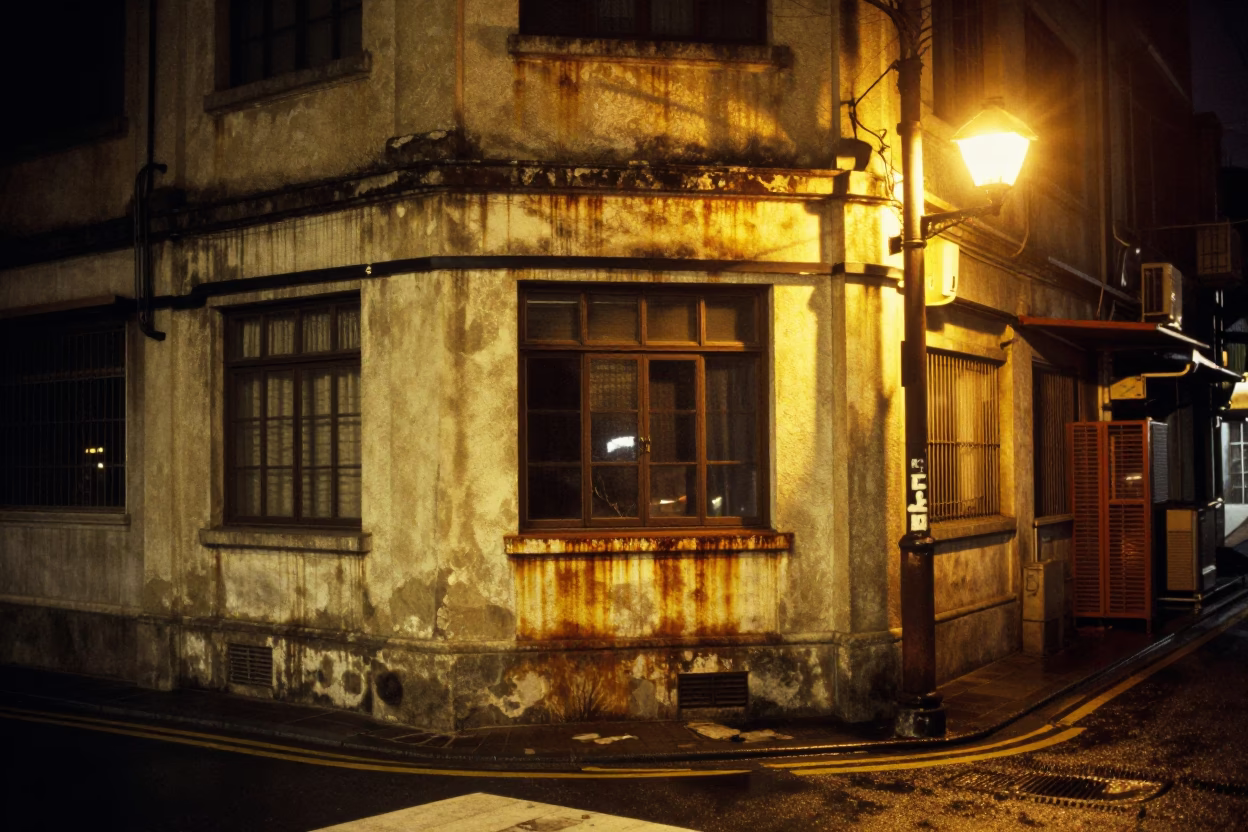 Late Night Tainan Street Scene with Rusty Window Sill and Urban Ambiance in in Tainan, Taiwan