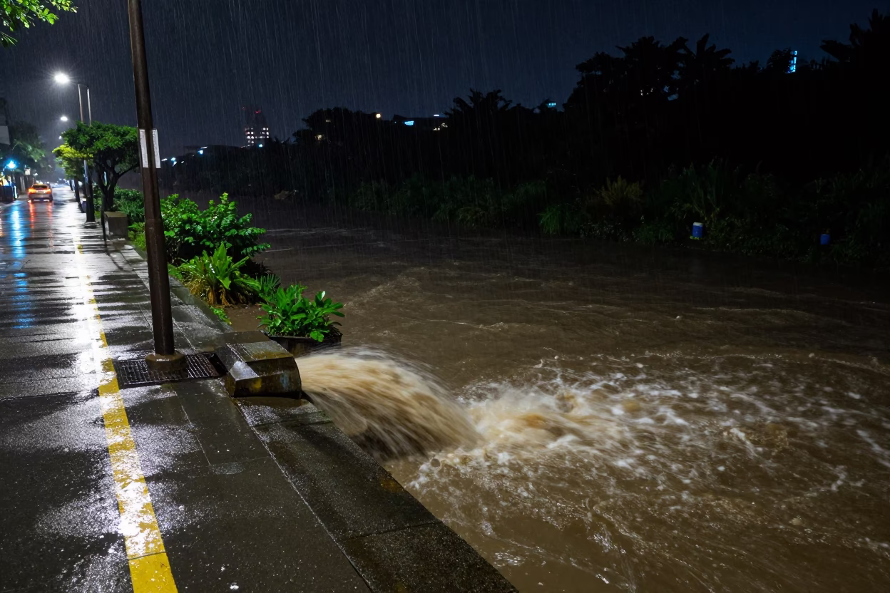 Late Night Tainan Street Scene with Storm Drain and River Overflow in in Tainan, Taiwan