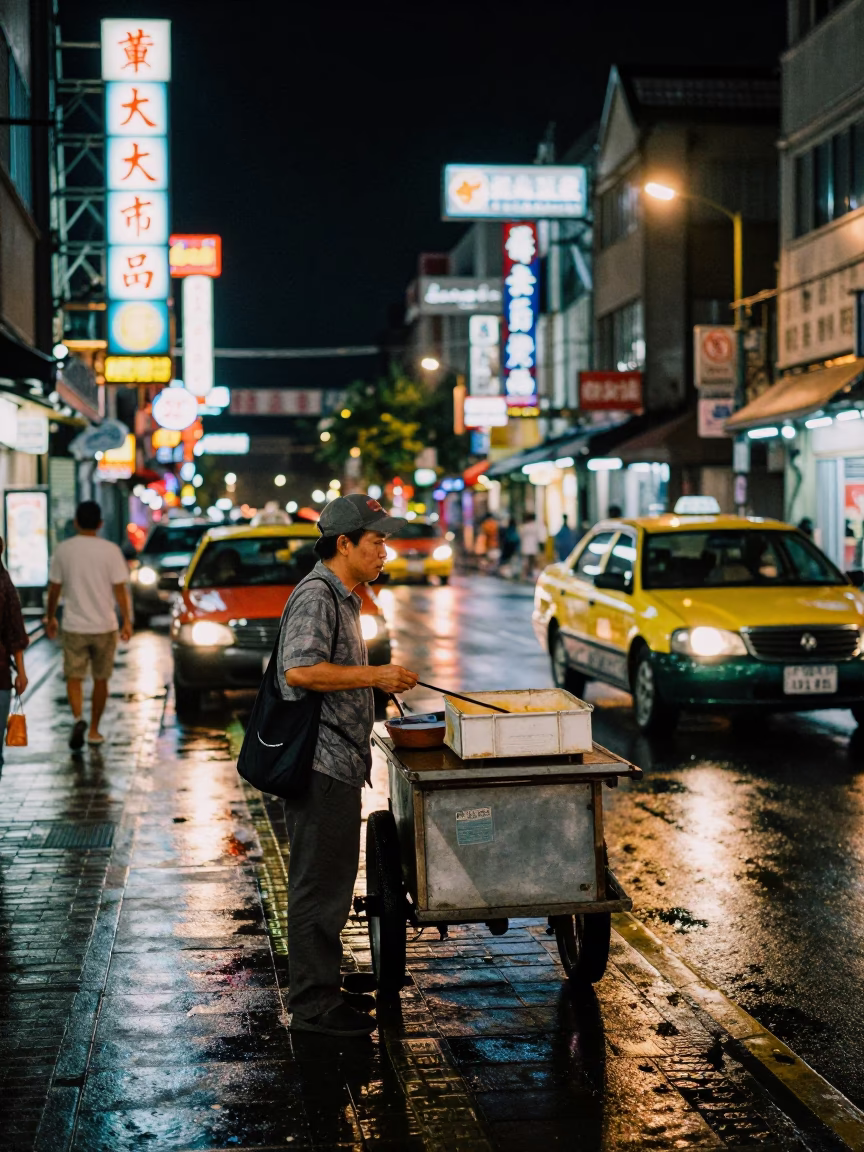 Late Night Tainan Street Scene with Taxi Rank and Pruning Shears in in Tainan, Taiwan