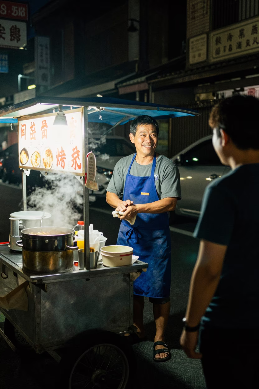 Late Night Tainan Street Vendor with Apron and Steam in Taiwan in in Tainan, Taiwan