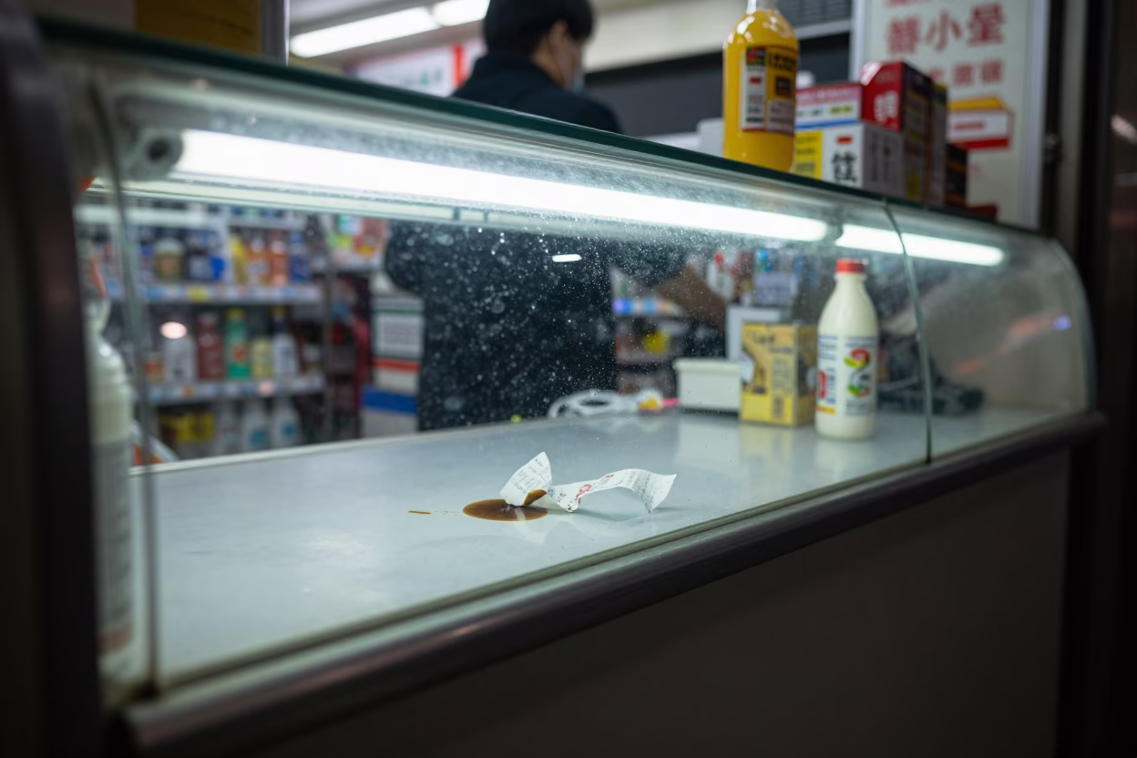 Late Night Taipei Convenience Store Counter With Coffee Stain And Receipts in in Taipei, Taiwan