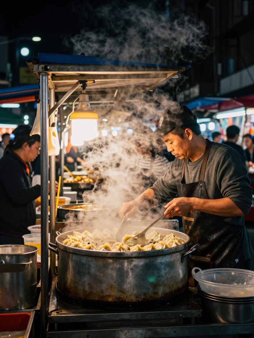 Late Night Taipei Street Food Stall Steam and Clay Teapot Under Deep Night Sky in in Taipei, Taiwan