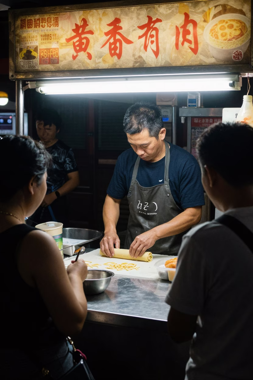 Late Night Taipei Street Food Stall Vendor Preparing Fresh Noodles Amidst Urban Night Life in in Taipei, Taiwan