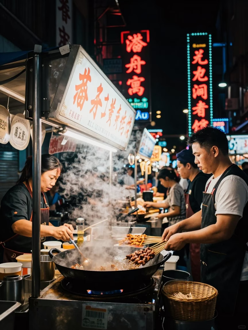 Late Night Taipei Street Food Stall with Neon Lights and Busy Diners in in Taipei, Taiwan