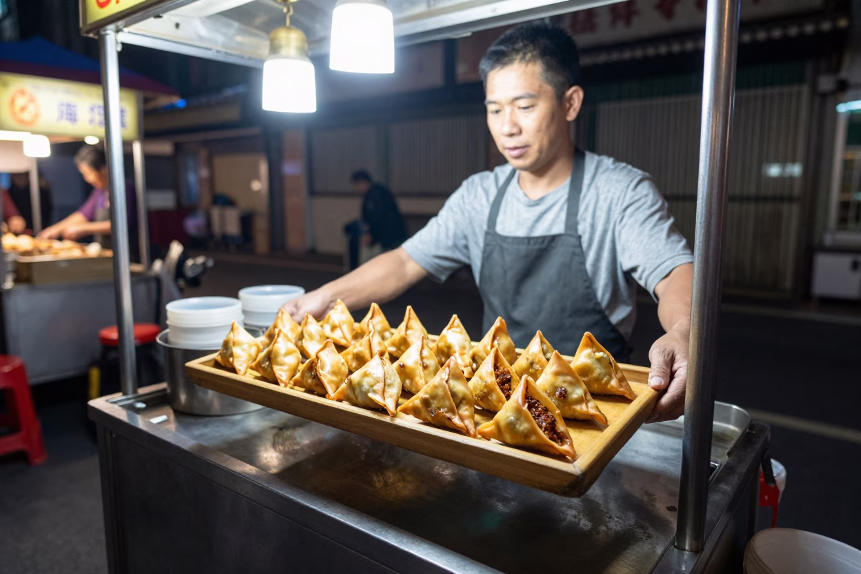 Late Night Taipei Street Food Stall with Spicy Meat Samosas and Steam in in Taipei, Taiwan