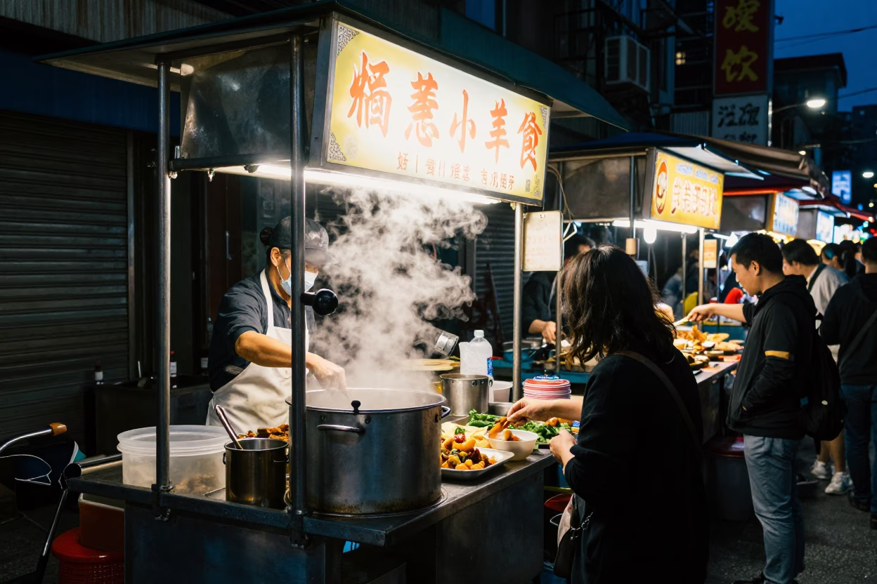Late Night Taipei Street Food Stall with Steam and Neon Lights at Midnight in in Taipei, Taiwan