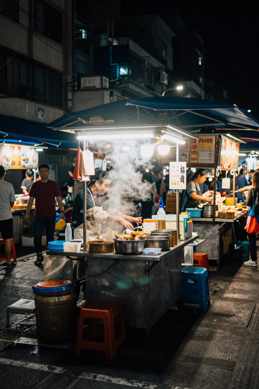Late Night Taipei Street Food Stall With Steam And Neon Reflections in in Taipei, Taiwan
