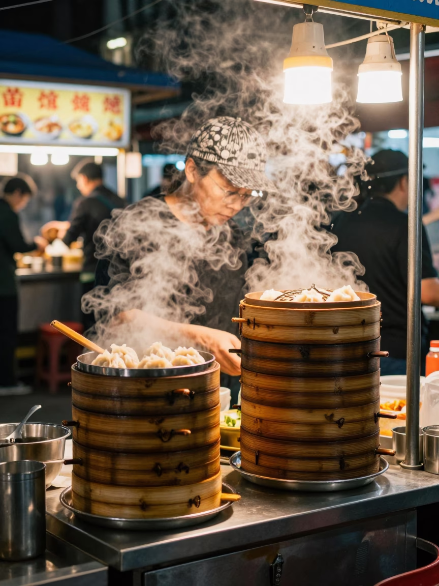 Late Night Taipei Street Food Stall with Steamers and Condensation on Window Glass in in Taipei, Taiwan