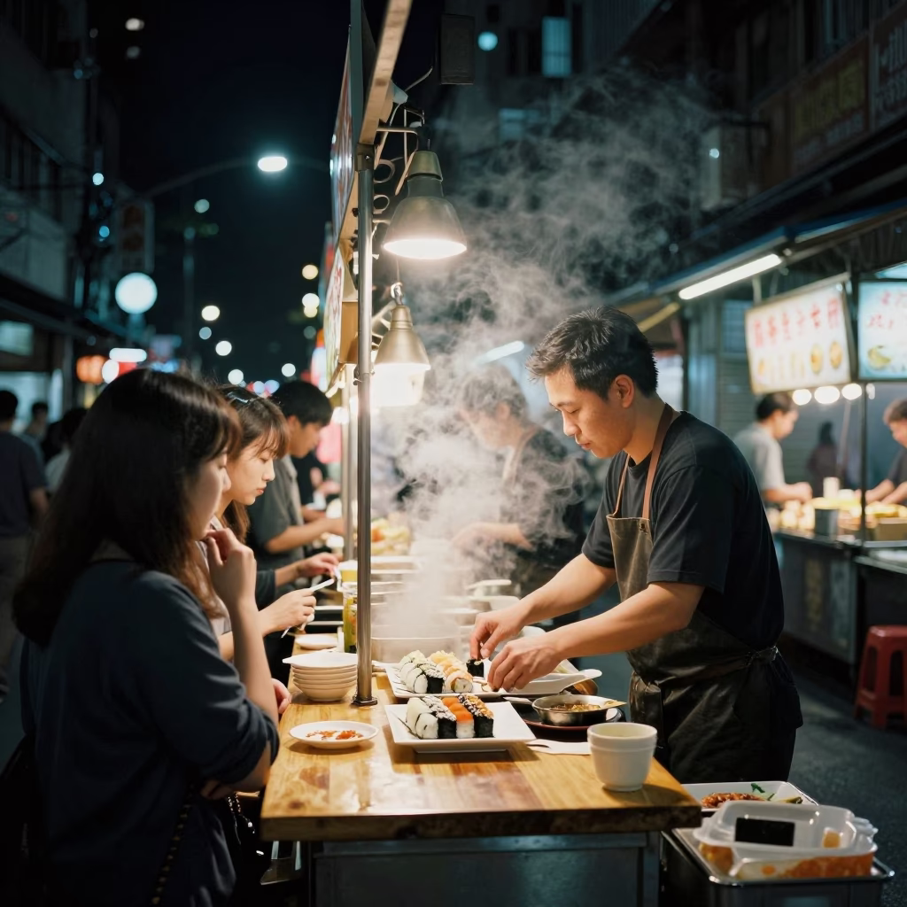 Late Night Taipei Street Food Stall with Sushi and Neon Lights in Taiwan in in Taipei, Taiwan