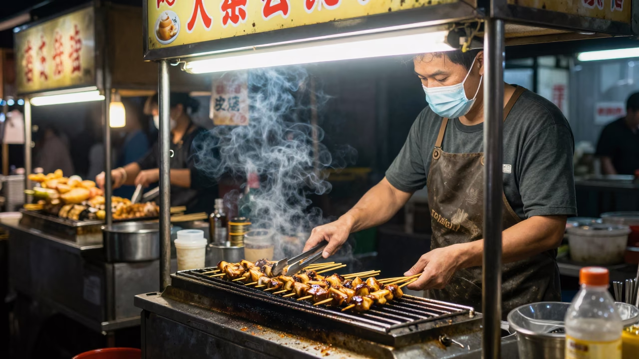 Late Night Taipei Street Food Stall with Tea Stains and Tongs Amidst Urban Nightlife in in Taipei, Taiwan
