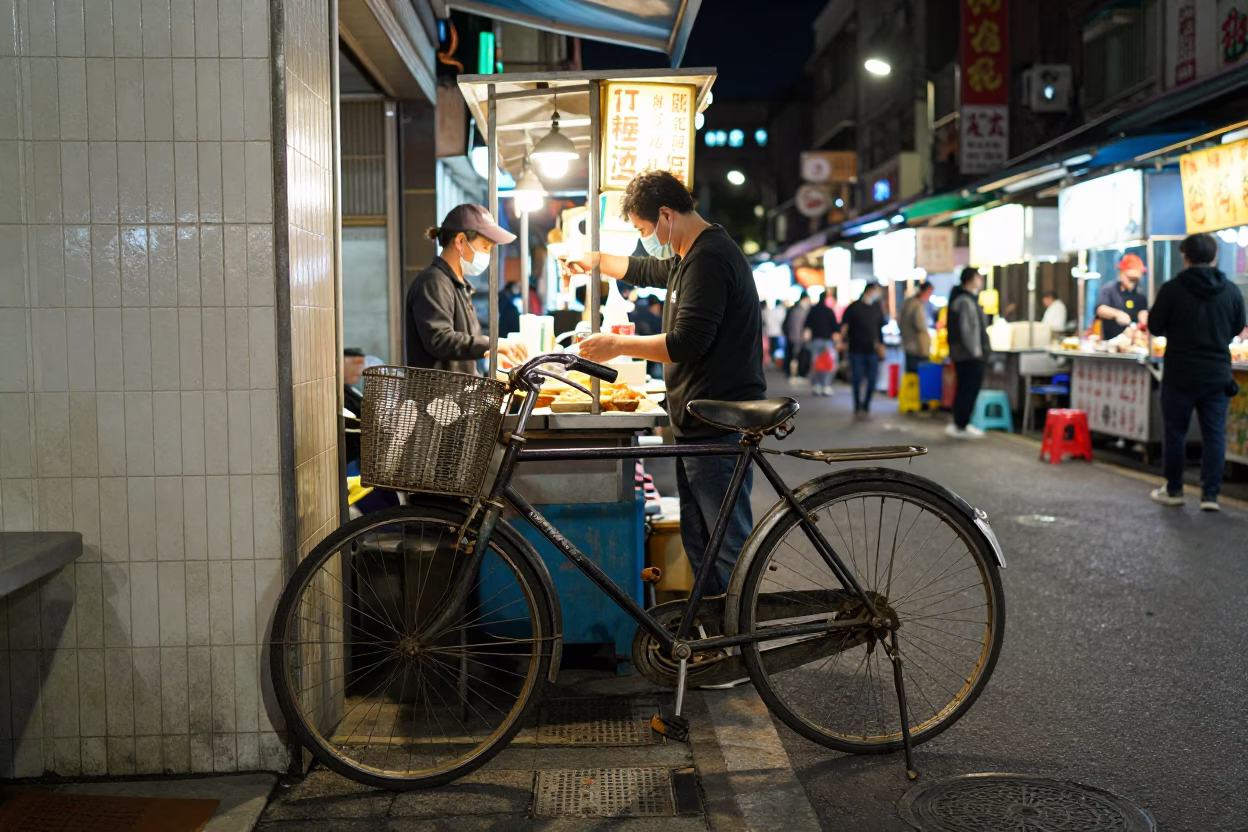 Late Night Taipei Street Food Stall with Vintage Bicycle and Condensation in in Taipei, Taiwan