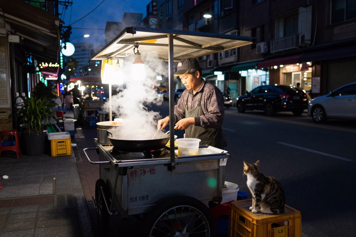 Late Night Taipei Street Food Vendor with Cat and Steamy Wok in in Taipei, Taiwan