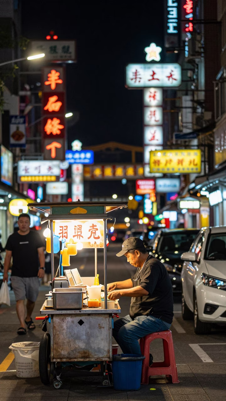 Late Night Taipei Street Scene with Candle Holder and Watering Bottle on Vendor Cart in in Taipei, Taiwan
