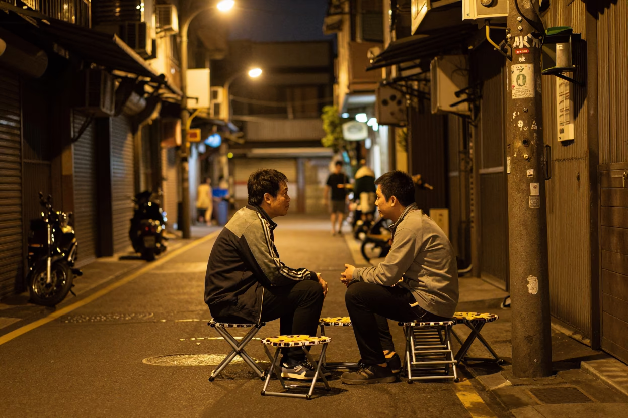 Late Night Taipei Street Scene with Folding Stools and Old Basketball in 1980s in in Taipei, Taiwan
