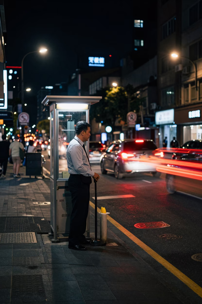 Late Night Taipei Street Scene with Hotel Valet Stand and Headlight Reflections in in Taipei, Taiwan