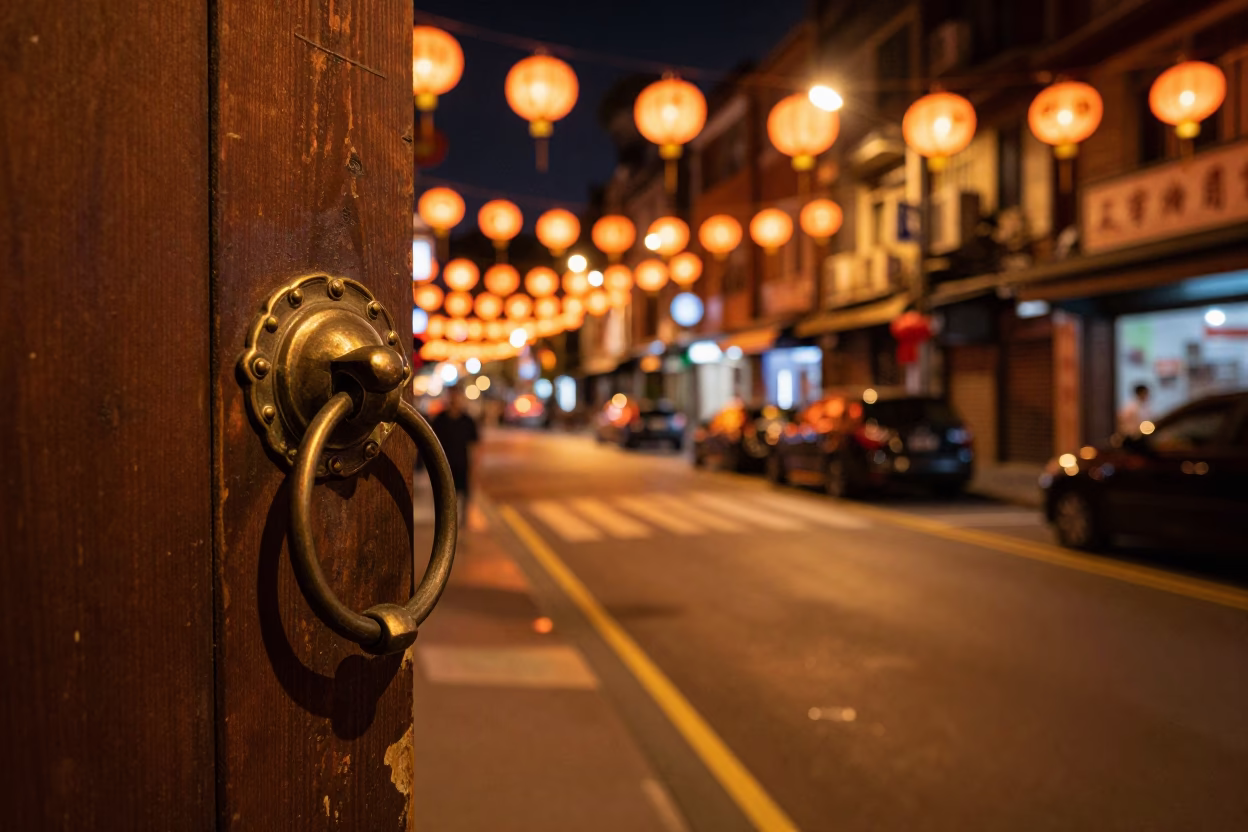Late Night Taipei Street Scene with Lantern Festival Glow and Urban Details in in Taipei, Taiwan