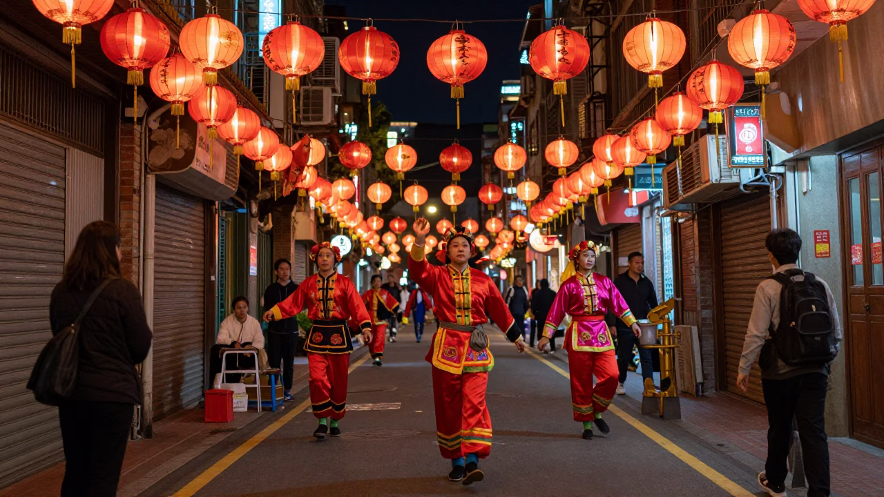 Late Night Taipei Street Scene with Lanterns and Traditional Folk Dance Performance in Alleyway in in Taipei, Taiwan