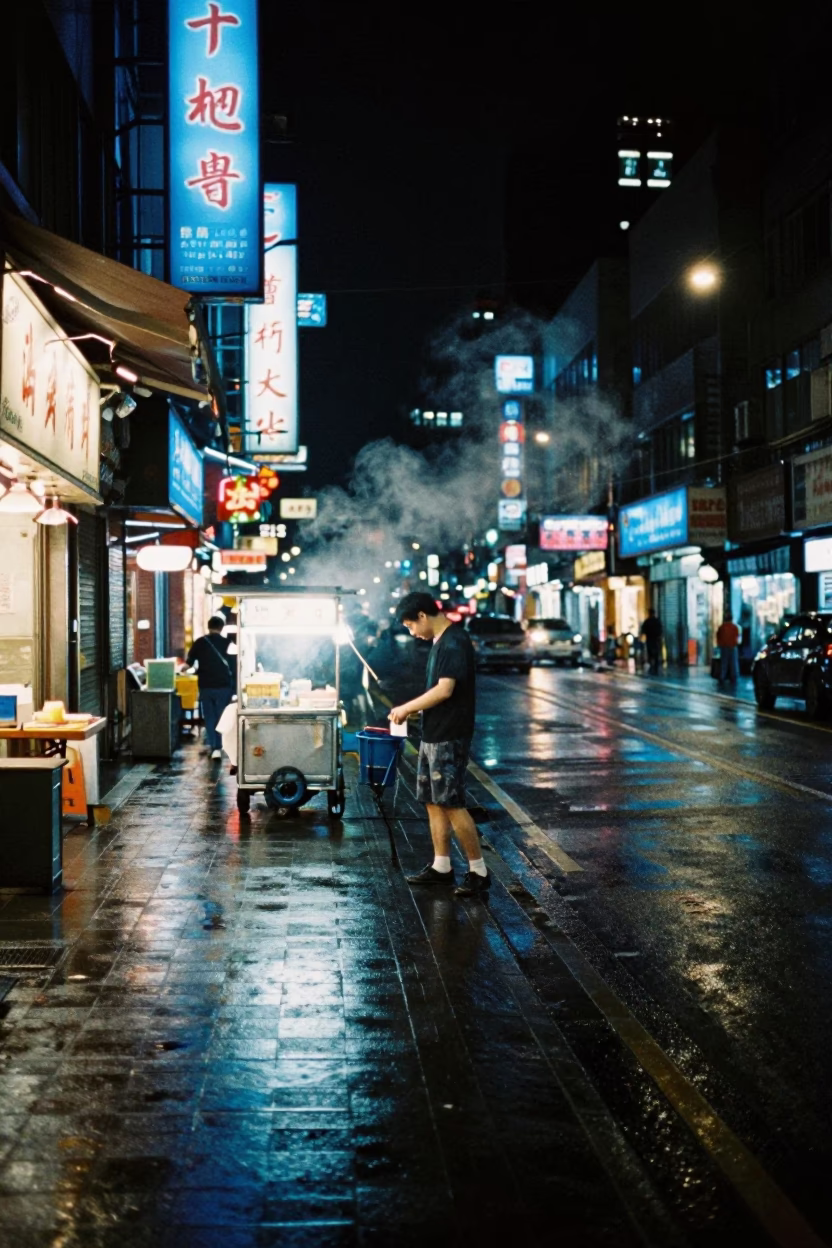 Late Night Taipei Street Scene with Neon Lights and Damp Pavement Reflecting Urban Life in in Taipei, Taiwan
