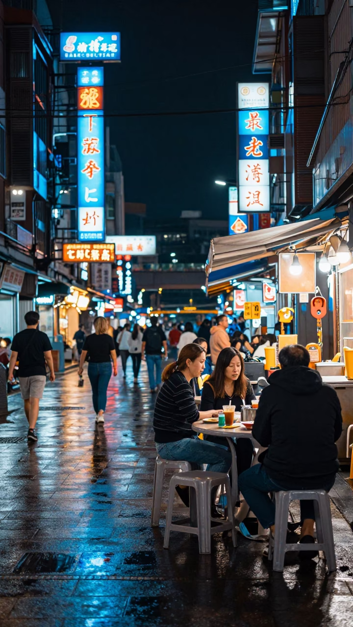 Late Night Taipei Street Scene with Neon Reflections and Casual Dining in in Taipei, Taiwan