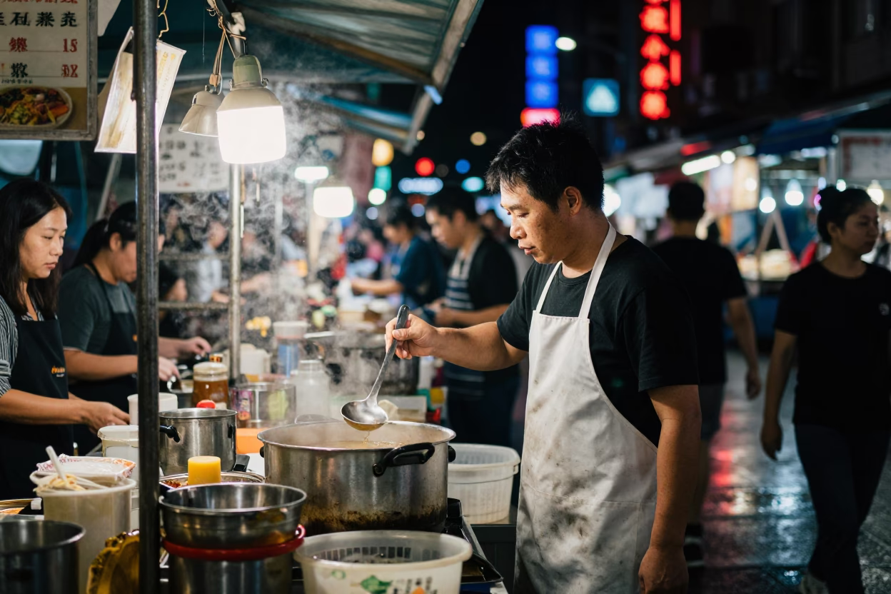 Late Night Taipei Street Scene with Neon Reflections and Food Vendor in in Taipei, Taiwan
