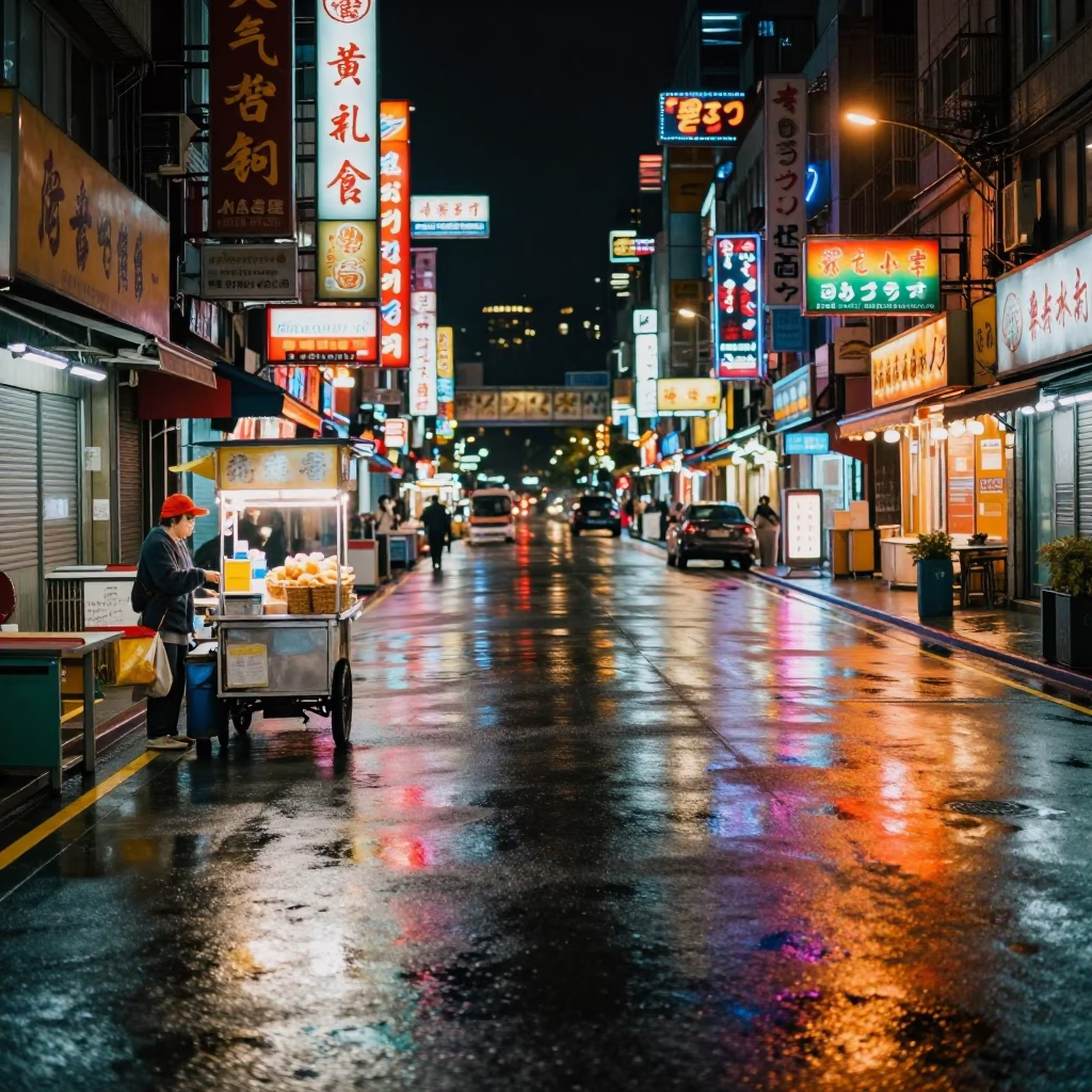 Late Night Taipei Street Scene with Neon Reflections and Local Street Food Vendor in in Taipei, Taiwan