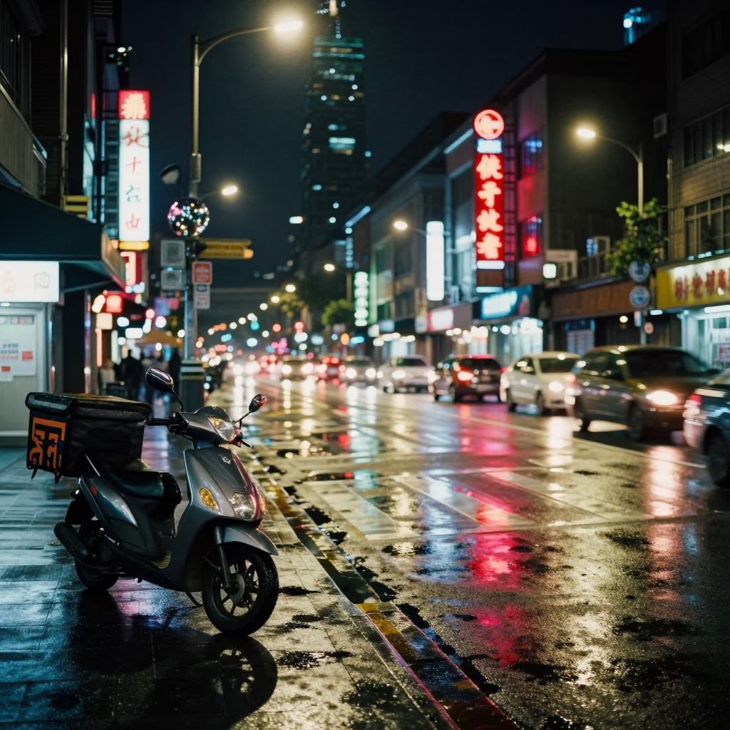 Late Night Taipei Street Scene with Neon Reflections and Urban Details in in Taipei, Taiwan