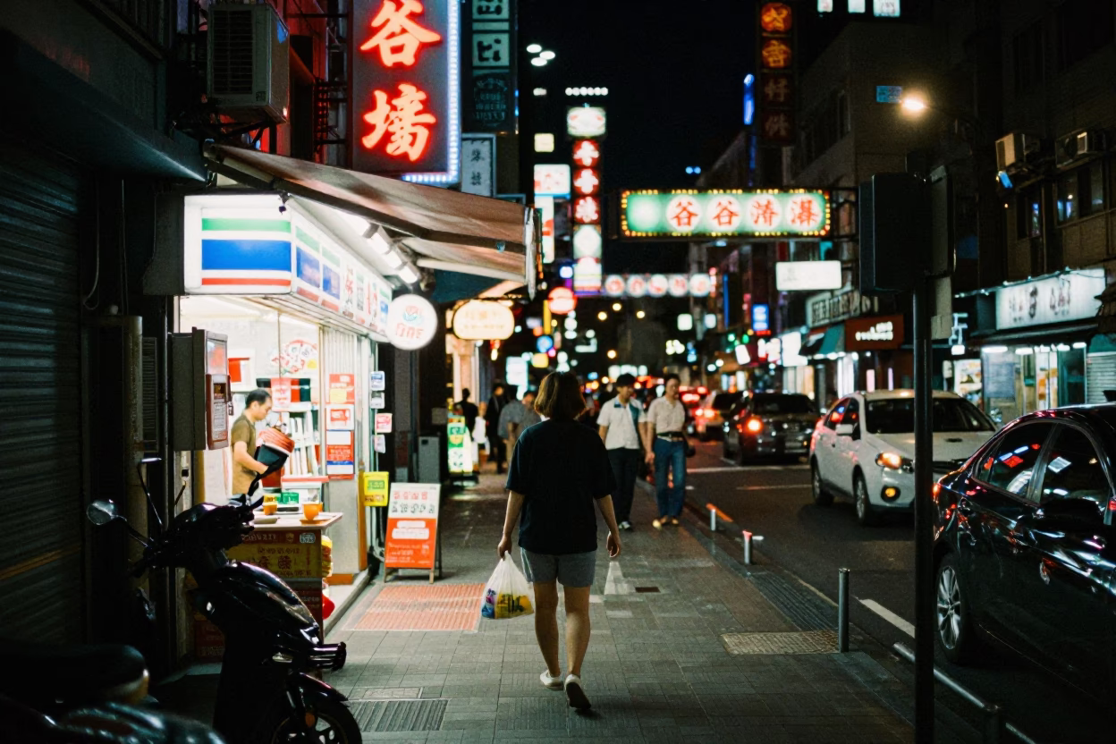 Late Night Taipei Street Scene With Neon Signs And Urban Details in in Taipei, Taiwan
