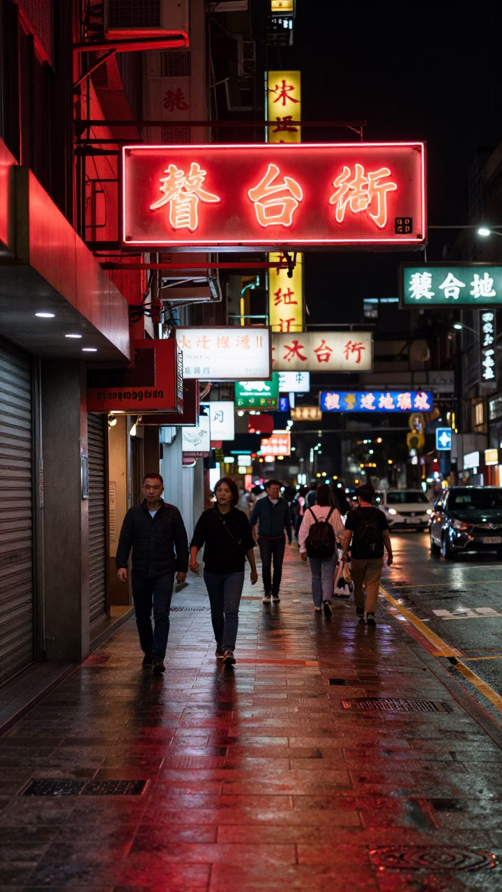 Late Night Taipei Street Scene with Neon Signs and Urban Nightlife Details in in Taipei, Taiwan