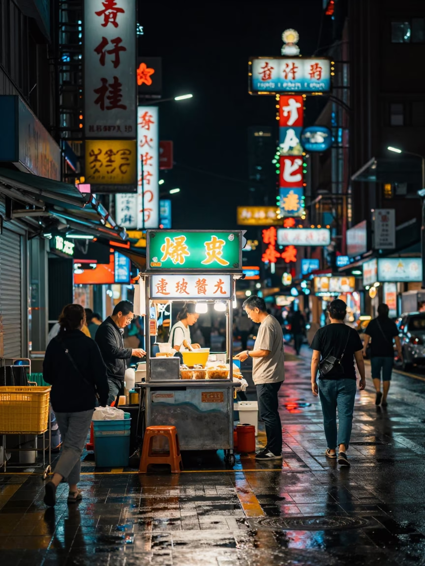 Late Night Taipei Street Scene with Neon Signs and Vintage 1960s Ambiance in in Taipei, Taiwan