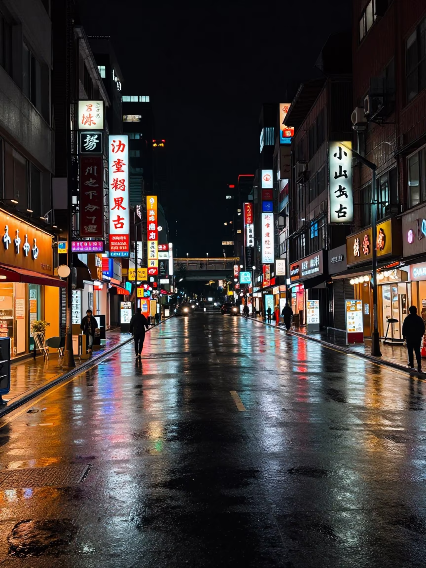Late Night Taipei Street Scene with Rain-Slicked Asphalt and Neon Reflections in in Taipei, Taiwan