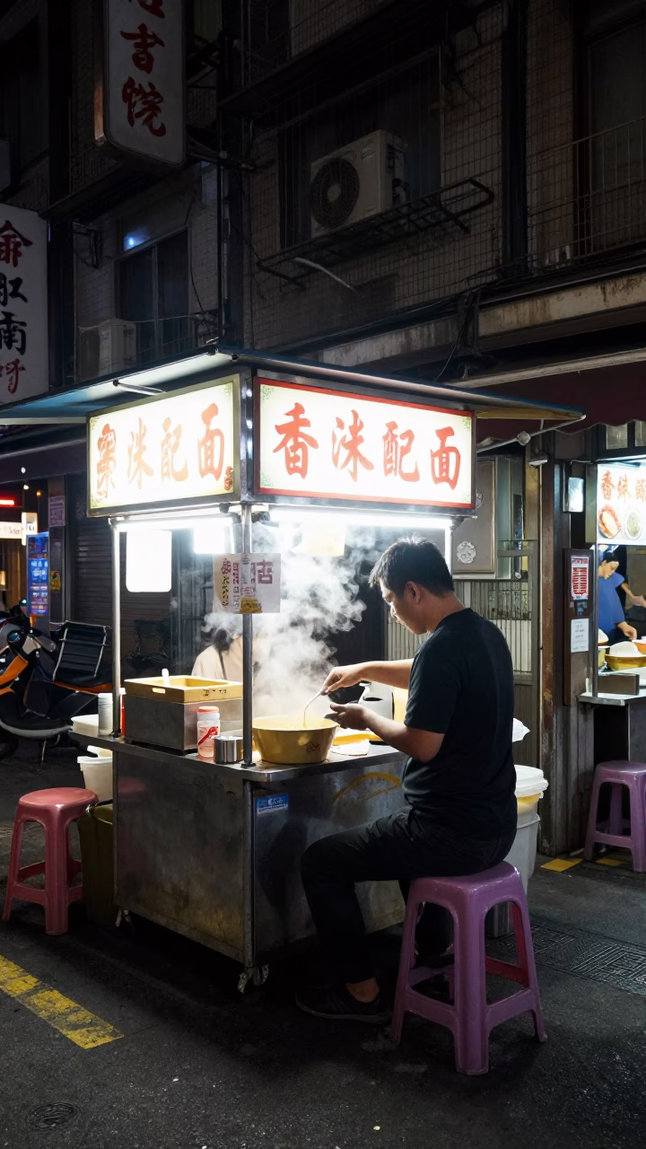 Late Night Taipei Street Scene with Ramen Shop and Vintage Brass Details in in Taipei, Taiwan