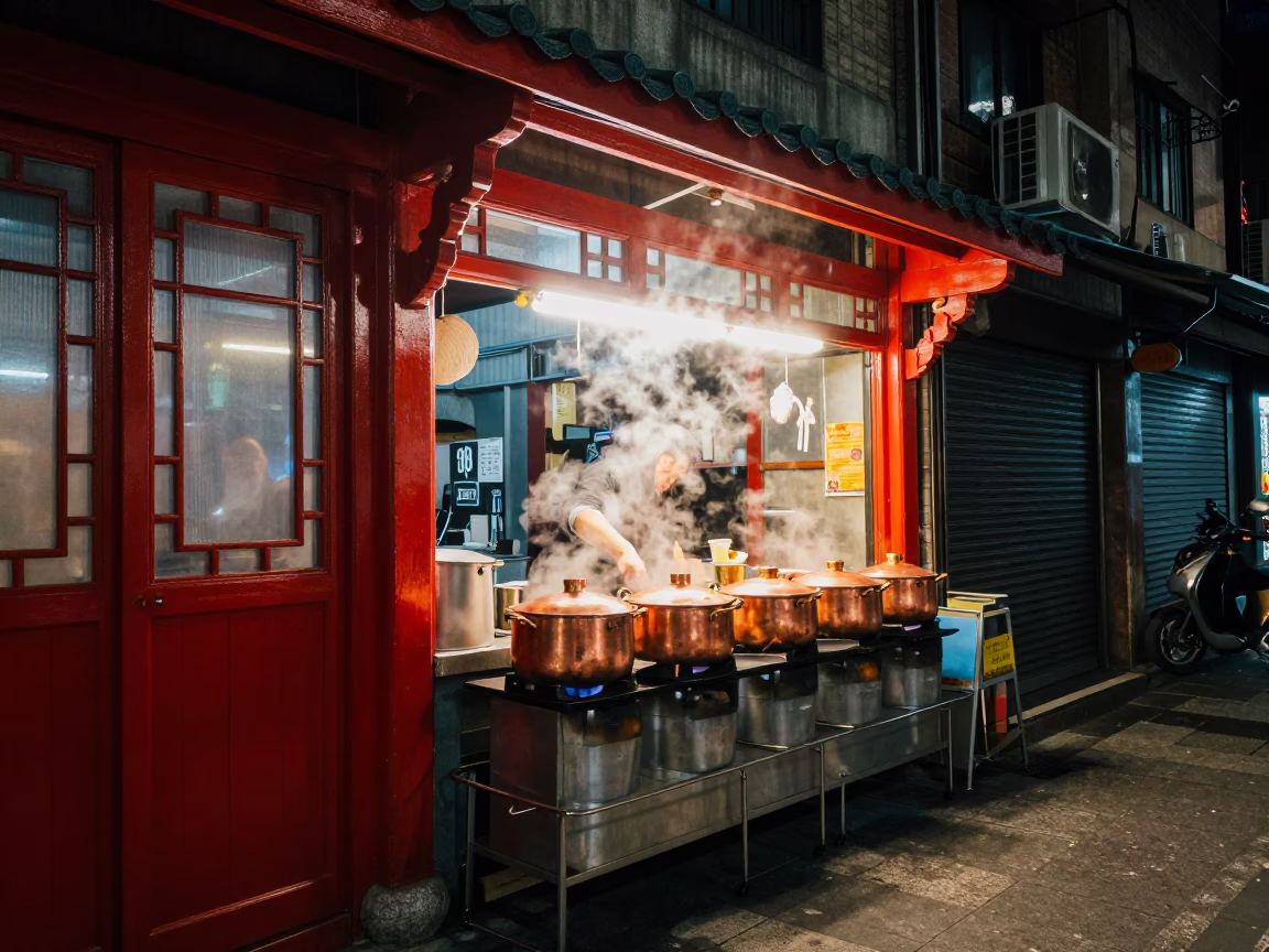 Late Night Taipei Street Scene with Red Lacquered Wood and Copper Pots in in Taipei, Taiwan