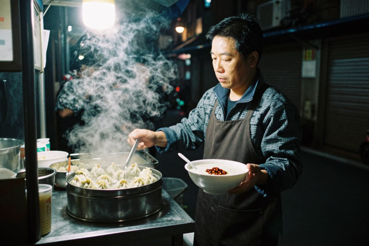 Late Night Taipei Street Stall Serving Congee and Momos with Electric Kettle in in Taipei, Taiwan