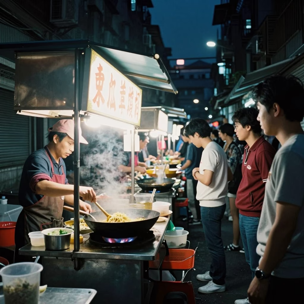 Late Night Taipei Street Vendor Cooking with Funicular Railway View in in Taipei, Taiwan