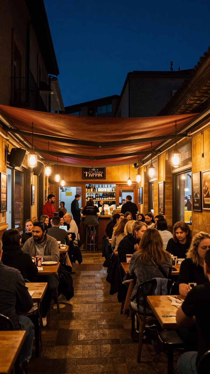 Late Night Tapas Bar Scene in Bilbao Spain Under Deep Night Sky in in Bilbao, Spain
