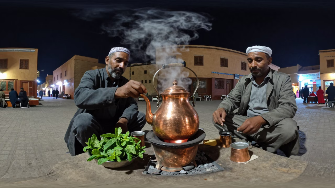 Late Night Tea Service in Fez Morocco Traditional Copper Kettle and Ceramic Goblets in in Fez, Morocco